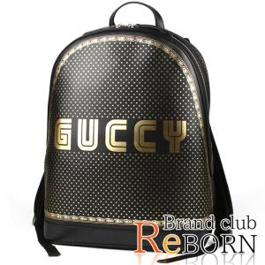 〔未使用品〕グッチ　GUCCY プリント バックパック/リュック　スムースレザー　ブラック×ゴールド　419584｜reborn-brand