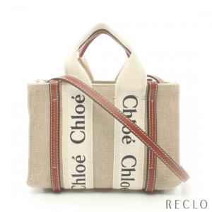 クロエ Chloe WOODY MINI TOTE ハンドバッグ リネン キャンバス レザー グレーベージュ ブラウン オフホワイト 2WAY CH22AP237I2690U レディース 中古｜reclo-as-shopping