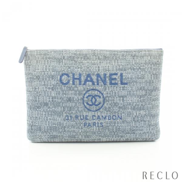 シャネル CHANEL ドーヴィル クラッチバッグ ツイード レザー ブルーグレー シルバー金具 A...