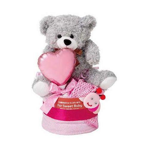 アークフラワースタジオ おむつケーキ1段 女の子 紙おむつSサイズ・約34×80cmタオル・クマのぬ...