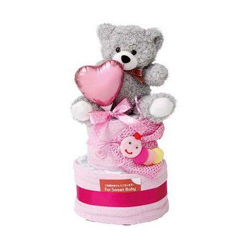 アークフラワースタジオ おむつケーキ2段 女の子 紙おむつSサイズ・約34×80cmタオル・クマのぬ...