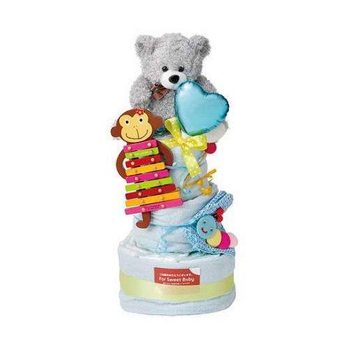 アークフラワースタジオ おむつケーキ3段 男の子 紙おむつSサイズ・約34×80cmタオル・クマのぬ...