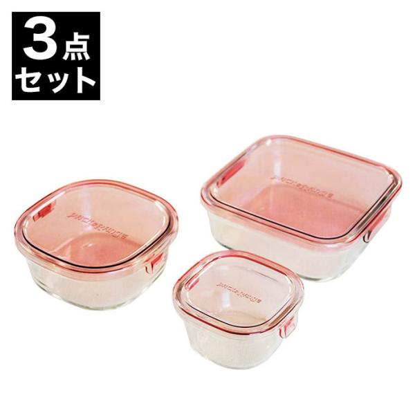 イワキ iwaki 耐熱ガラス 保存容器 グラスコンテナ 角型3点セット ピンク PS-PRN-3P...