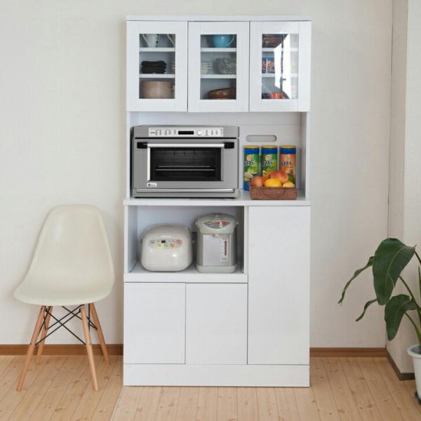 Face カップボード 幅90 ホワイト 白 キッチンカウンター キッチンボード 食器棚 大容量 電...