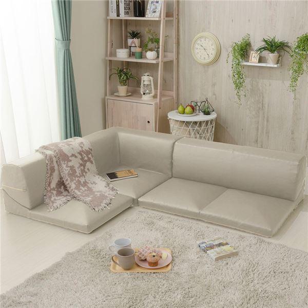 フロアソファー/ローソファー コーナー3点セット 〔PVC生地 アイボリー〕 日本製 分割タイプ カ...