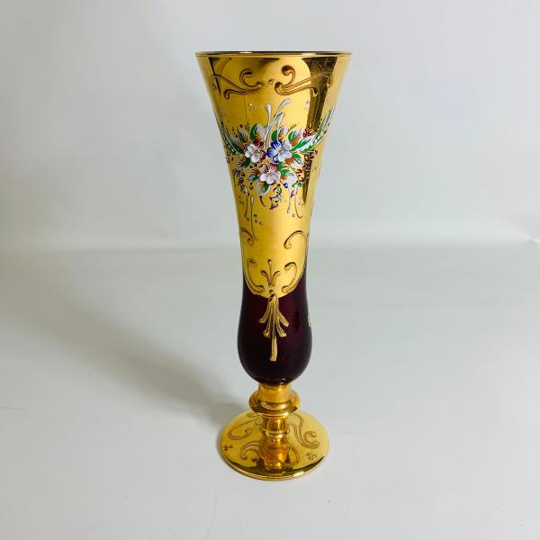 T.MURANO GLASS ムラーノガラス　フラワーベース 花瓶　赤×ゴールド　花柄