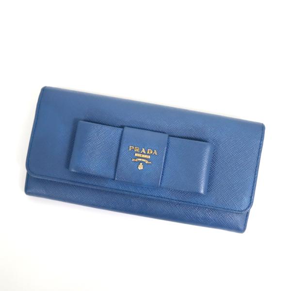 【PRADA】プラダ 二つ折り長財布 リボン サフィアーノ ブルー×ゴールド金具 1MH132【中古...