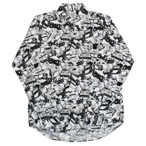 【送料無料】 SALE!! THE SHARKEY'S GALLERY 22042 "Gaming device" LONG SLEEVE PRINT B.D. SHIRT プリント ボタンダウン シャツ 長袖 日本製 WHITE M-XL｜redwood