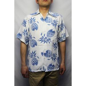 コナベイ ハワイ KONABAY HAWAII / パイナップル2016 PINEAPPLE アロハシャツ (ホワイト×ブルー) アメリカ製｜redwood