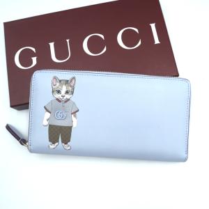 GUCCI（グッチ）×ヒグチユウコ 日本限定 ラウンドジップウォレット 長財布 キャット 猫 ライトブルー レザー ゴールド金具 レディース
