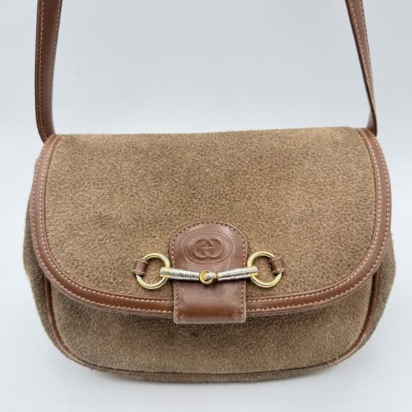 GUCCI（グッチ）ホースビット ショルダーバッグ スエード ブラウン系 ゴールドトーン金具 レディ...
