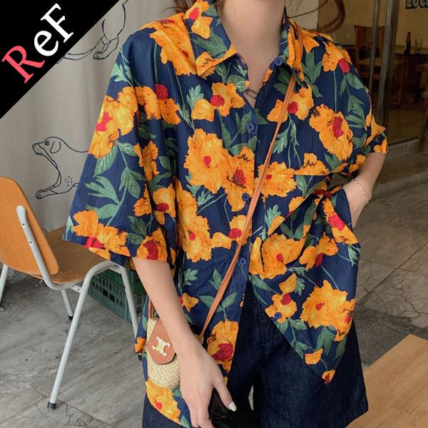 柄シャツ 派手シャツ ネイビー オレンジ アロハシャツ レディース リゾート シャツ アロハ トップ...