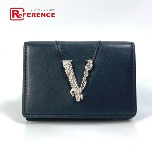 VERSACE ヴェルサーチ グレカ Vロゴ コンパクトウォレット 3つ折り財布 レザー ブラック ...