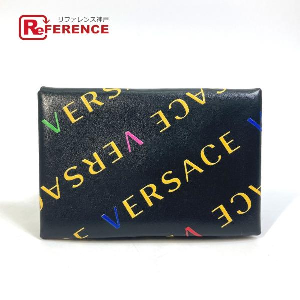 VERSACE ヴェルサーチ 名刺入れ パスケース ロゴ 2つ折り カードケース レザー ブラック ...