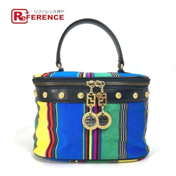 VERSACE ヴェルサーチ ヴィンテージ ストライプ ミラー付き ハンドバッグ ポーチ バニティバ...