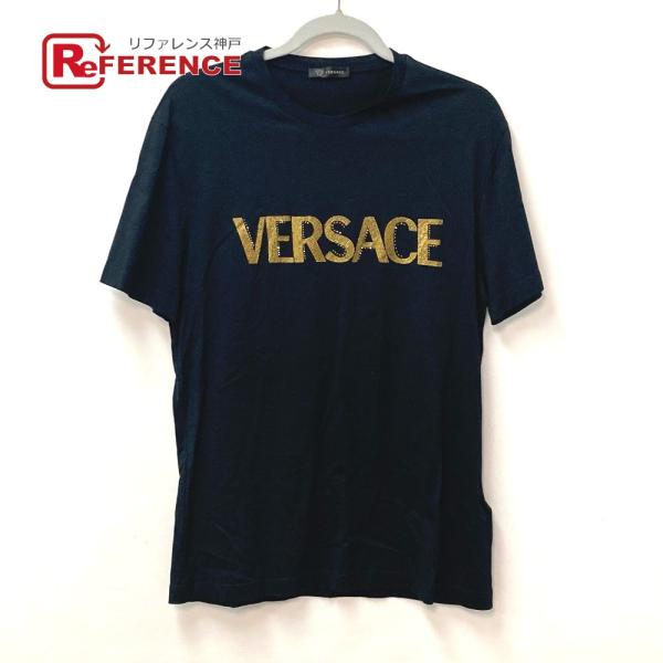 VERSACE ヴェルサーチ ロゴ ラインストーン アパレル トップス 半袖Ｔシャツ コットン ブラ...