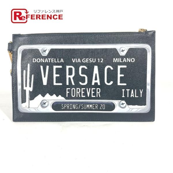 美品 VERSACE ヴェルサーチ ロゴ ストラップ付き ポーチ セカンドバッグ クラッチバッグ ブ...