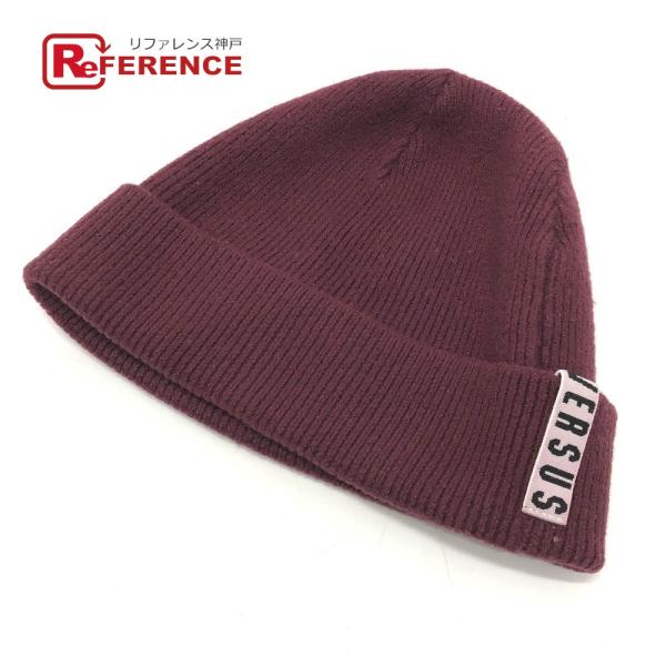 VERSACE ヴェルサーチ ロゴ ニット帽 ウール ワインレッド ユニセックス【中古】