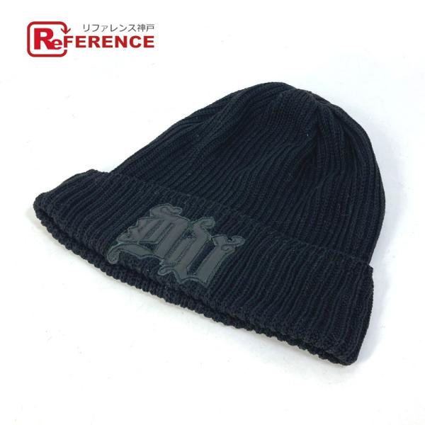 VERSACE ヴェルサーチ レザーロゴ ビーニー 帽子 ニット帽 ニットキャップ ニット帽 ブラッ...