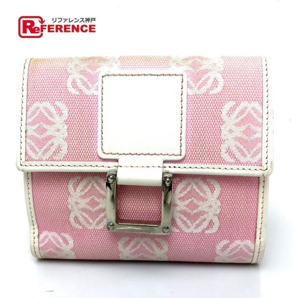 LOEWE ロエベ 折り短財布 アナグラム 二つ折り財布（小銭入れあり）キャンバス /レザー ピンク...