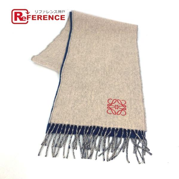 新品同様 LOEWE ロエベ アナグラム バイカラー フリンジ マフラー ブルー レディース【中古】