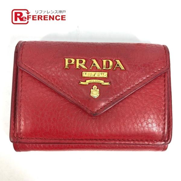 PRADA プラダ 1MH021 ロゴ コンパクト財布 3つ折り財布 レッド レディース【中古】