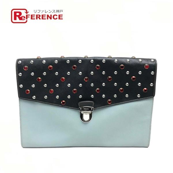 PRADA プラダ メンズ カバン VR074C フラップ ビジュースタッズ サフィアーノ クラッチ...
