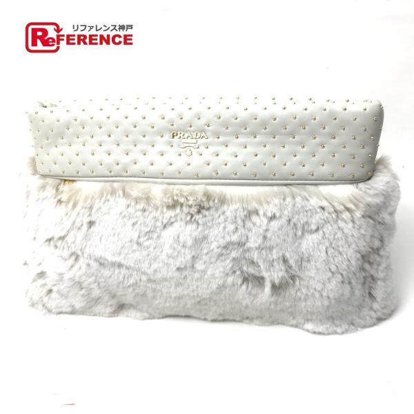 美品 PRADA プラダ  パーティバッグ レディースバッグ クラッチバッグ ファー/レザー オフホ...