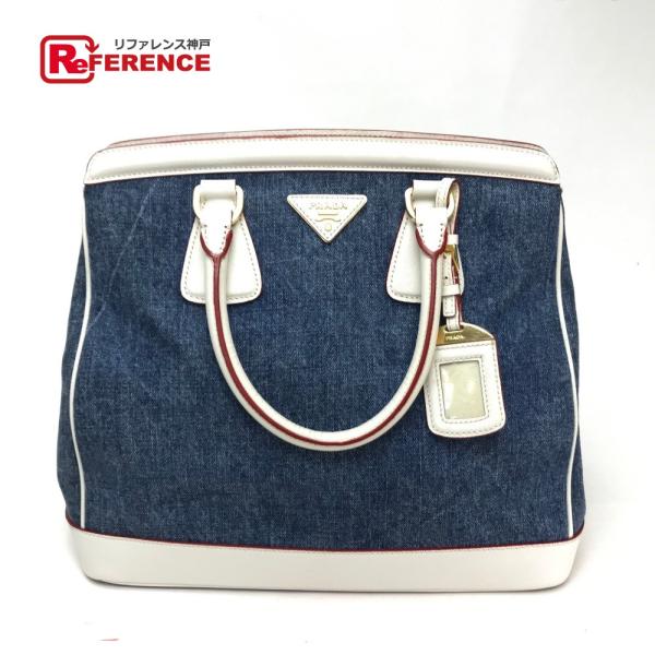 PRADA プラダ BN2441 カバン デニム レザー トートバッグ ロゴ ハンドバッグ ブルー ...