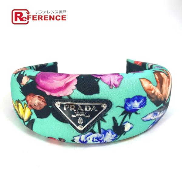 PRADA プラダ フラワー 花柄 トライアングルロゴ 三角ロゴ プレート  ヘアバンド ヘッドバン...