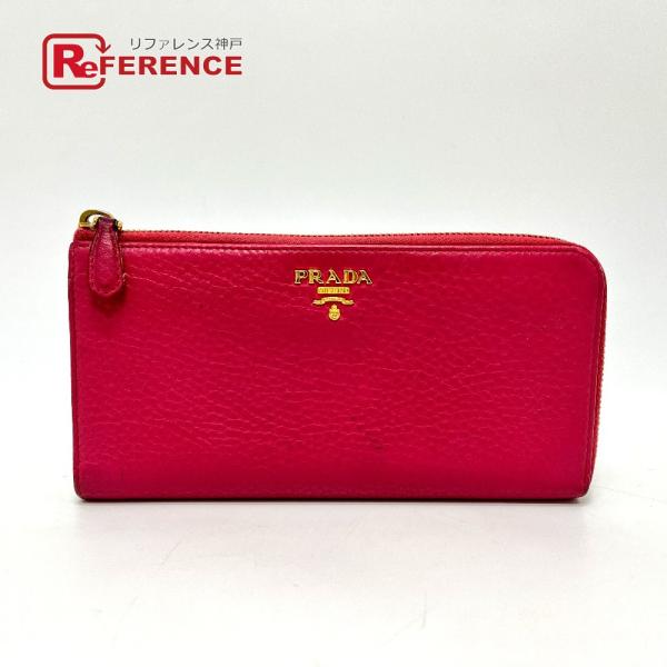 PRADA プラダ 1M1183 ロゴ L字型ファスナー ウォレット 長財布 長財布 ピンク レディ...