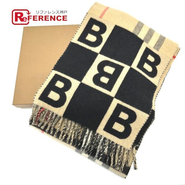 BURBERRY バーバリー ロゴ チェック フリンジ マフラー ウール ベージュ レディース【中古...
