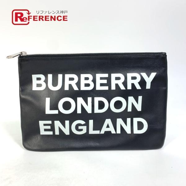 BURBERRY バーバリー ロゴ ポーチ クラッチバッグ レザー ブラック メンズ【中古】