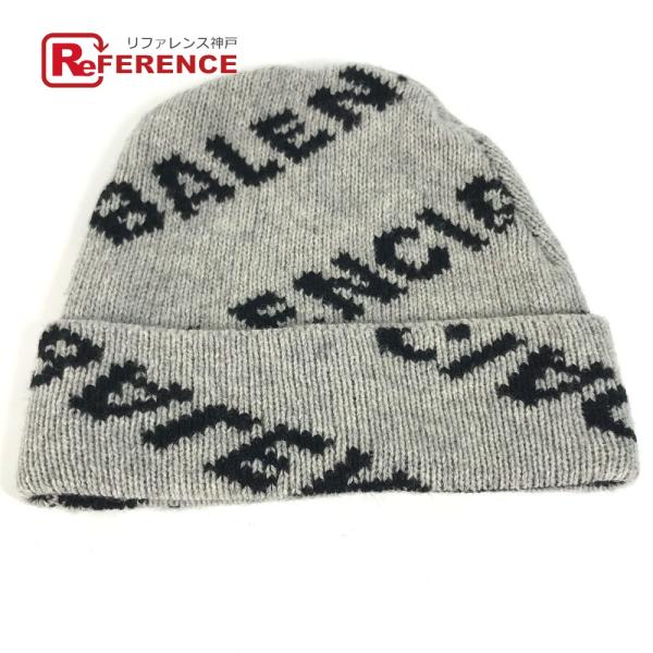 美品 BALENCIAGA バレンシアガ 555277 ロゴ バイカラー 総柄 ビーニー 帽子 ニッ...