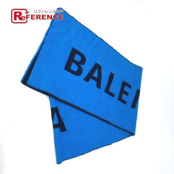美品 BALENCIAGA バレンシアガ ロゴ バイカラー マフラー ブルー レディース【中古】