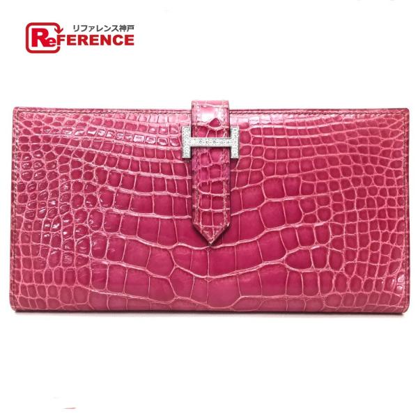 HERMES エルメス ベアンスフレ ダイヤモンド 2つ折り 長財布 K18WG □J刻 フューシャ...