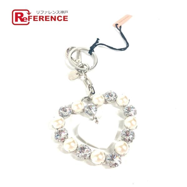 美品 MIUMIU ミュウミュウ ラインストーン ハート バッグチャーム キーホルダー シルバー レ...