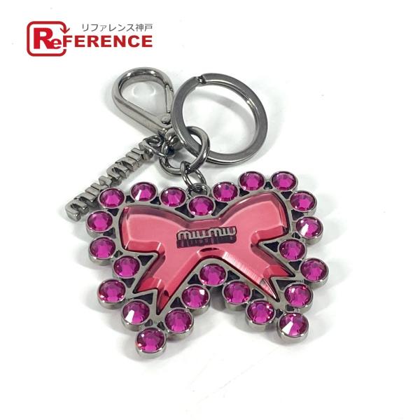 MIUMIU ミュウミュウ リボン ラインストーン りぼん バッグチャーム キーホルダー ピンク レ...