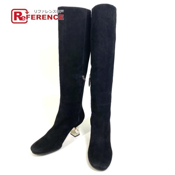 MIUMIU ミュウミュウ ヒール ビジュー ロングブーツ ブーツ スエード ブラック レディース【...