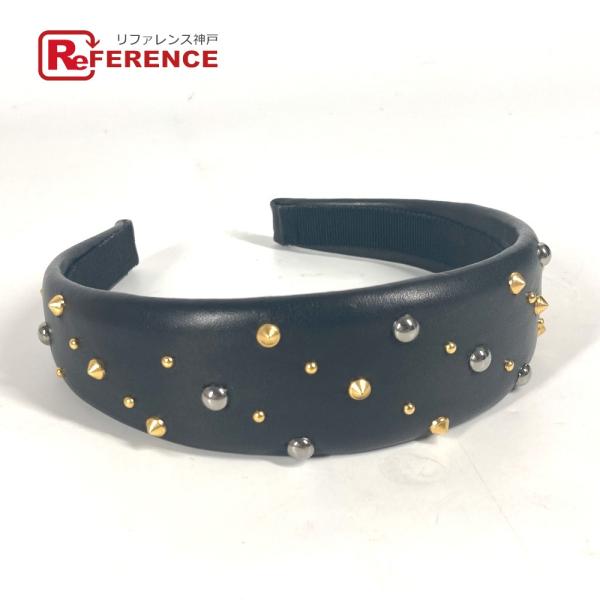 美品 MIUMIU ミュウミュウ スタッズ ヘアバンド ヘアアクセサリー カチューシャ ブラック レ...