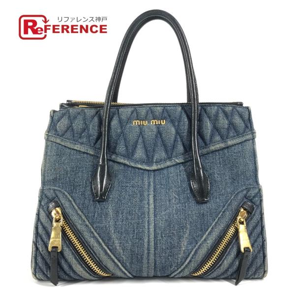 MIUMIU ミュウミュウ ロゴ バイカー ハンドバッグ カバン トートバッグ ブルー レディース【...
