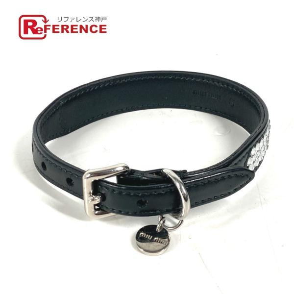 美品 MIUMIU ミュウミュウ ラインストーン ドッグ ペット 犬 首輪 ブラック ユニセックス【...