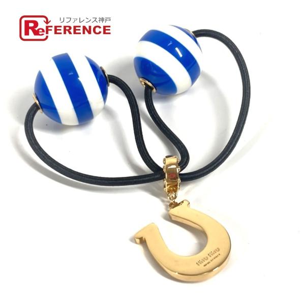 美品 MIUMIU ミュウミュウ ロゴ ボーダー ヘアアクセサリー ヘアゴム ブルー レディース【中...