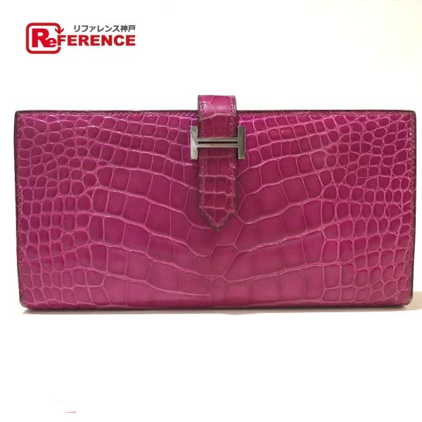 HERMES エルメス ベアンスフレ アリゲーター クロコ 二つ折り 長財布 クロコダイル Q□刻 ...