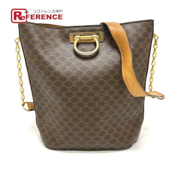 CELINE セリーヌ マカダム チェーン カバン ショルダーバッグ PVC/レザー ブラウン レデ...