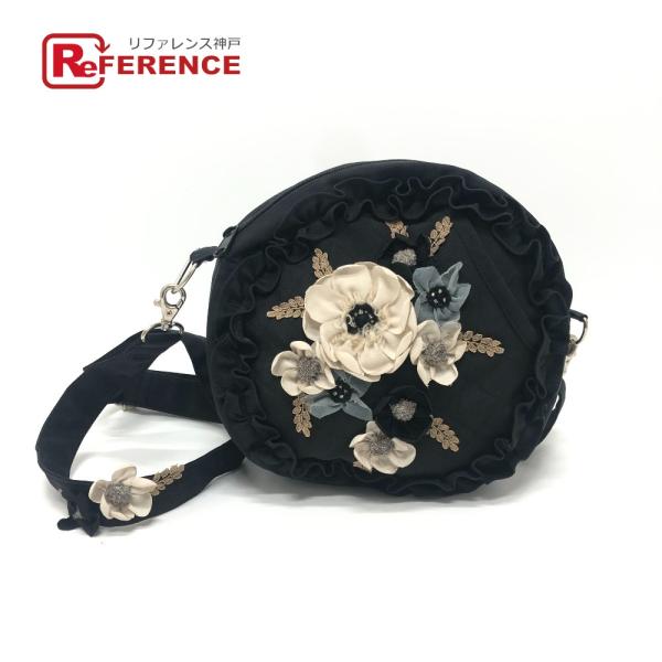 amitie アミティエ 花柄刺繍 フリル カバン ポシェット 丸型 立体装飾 花 ショルダーバッグ...