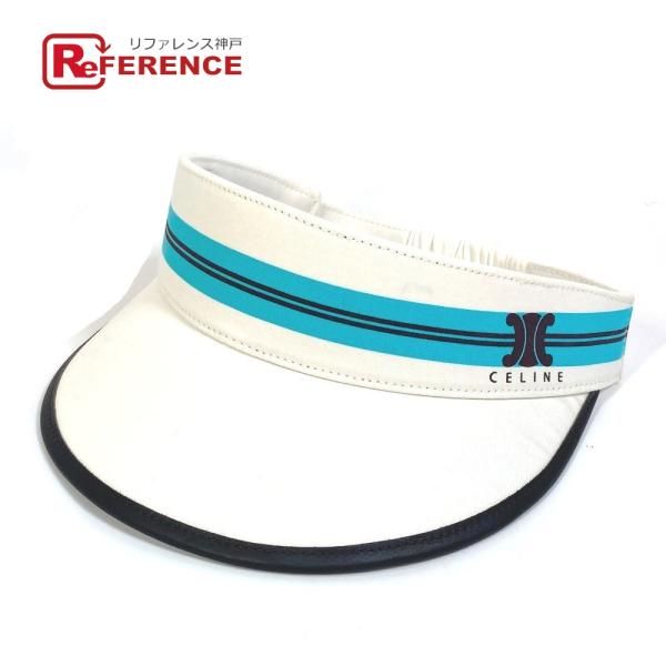 CELINE セリーヌ ロゴ ライン 帽子 バイザー サンバイザー コットン ホワイト×ブルー レデ...