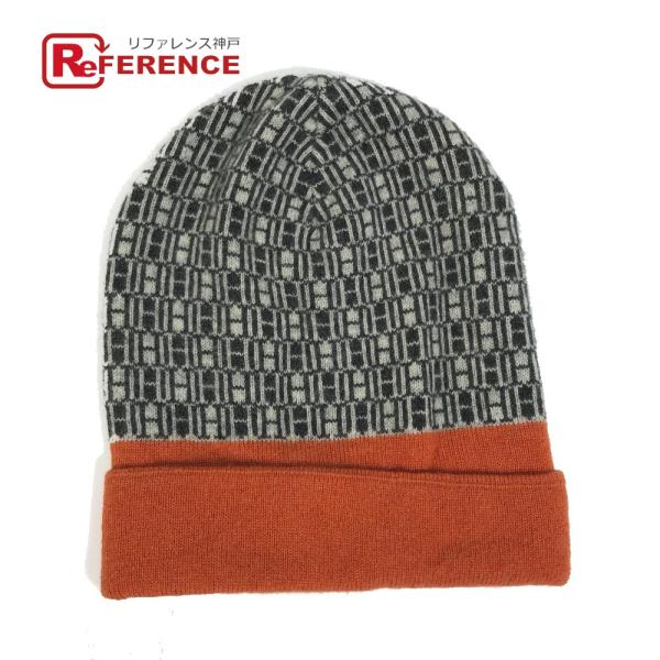 HERMES エルメス H総柄 帽子 ニット帽 カシミヤ ホワイト×グレー×オレンジ レディース【中...