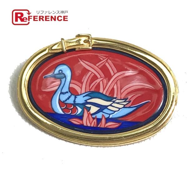 HERMES エルメス バード 鳥モチーフ エマイユ ブローチ メタル ゴールド×レッド レディース...