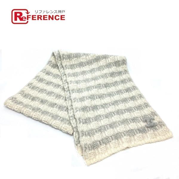 美品 CHANEL シャネル CCココマーク 19K ボーダー カシミヤ ニット マフラー ラメニッ...